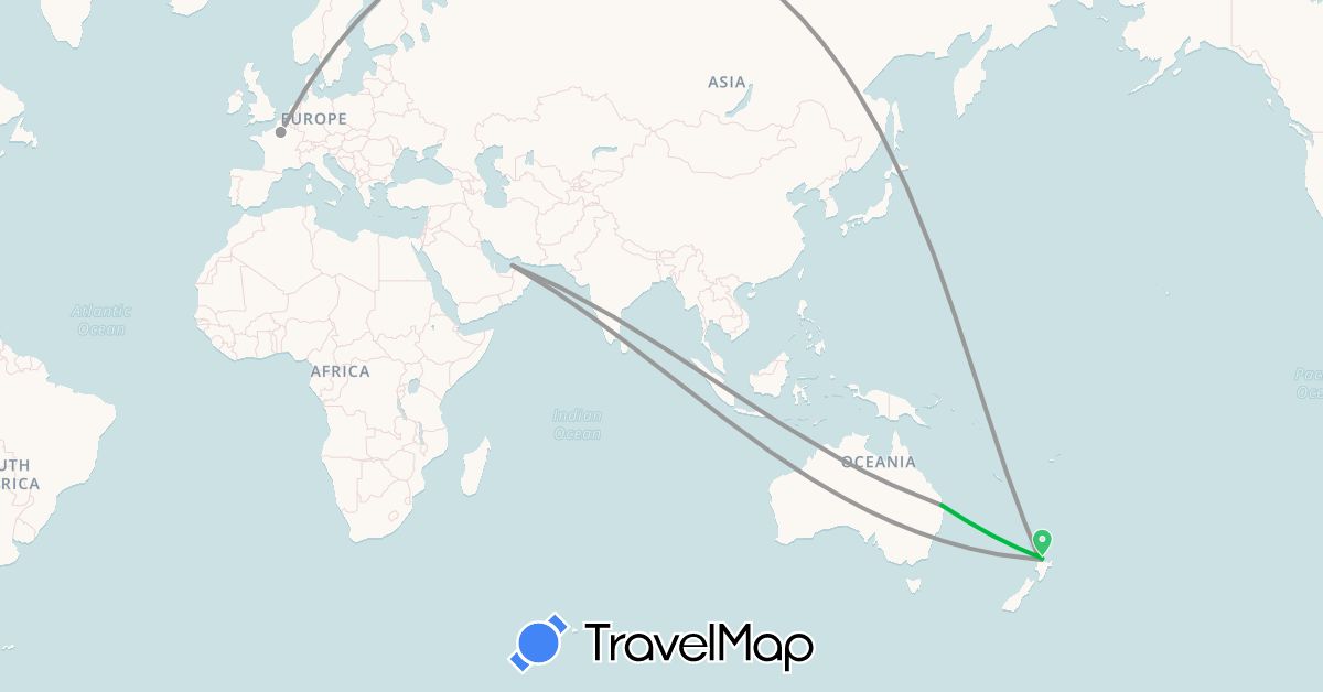 TravelMap itinerary: bus, plane, hitchhiking in United Arab Emirates, Australia, France, New Zealand (Asia, Europe, Oceania)